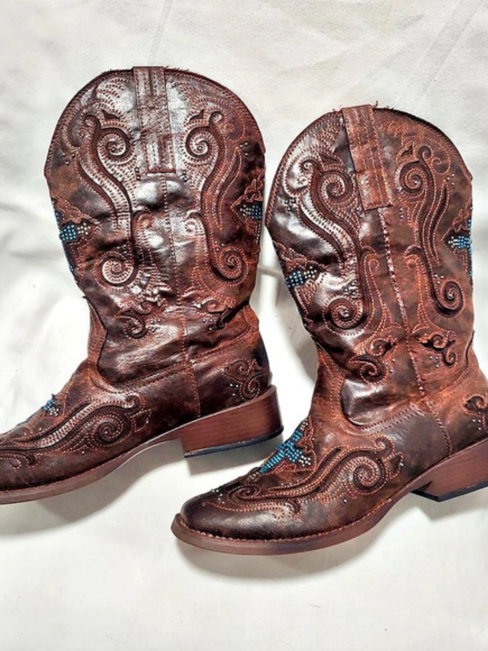 Roper Faith Rhinestone Authentic Cowboy Boots Brown & Blue US 10